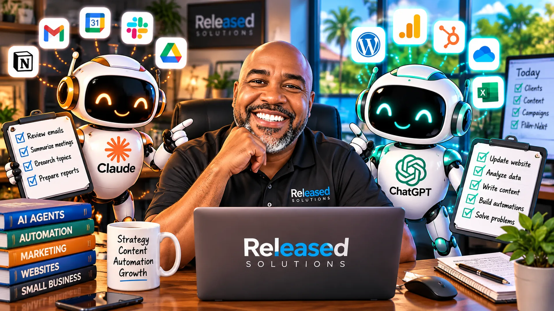 Kenneth Durrum smiles at his desk between two friendly robot assistants labeled Claude and ChatGPT, each holding a task checklist beneath business app icons