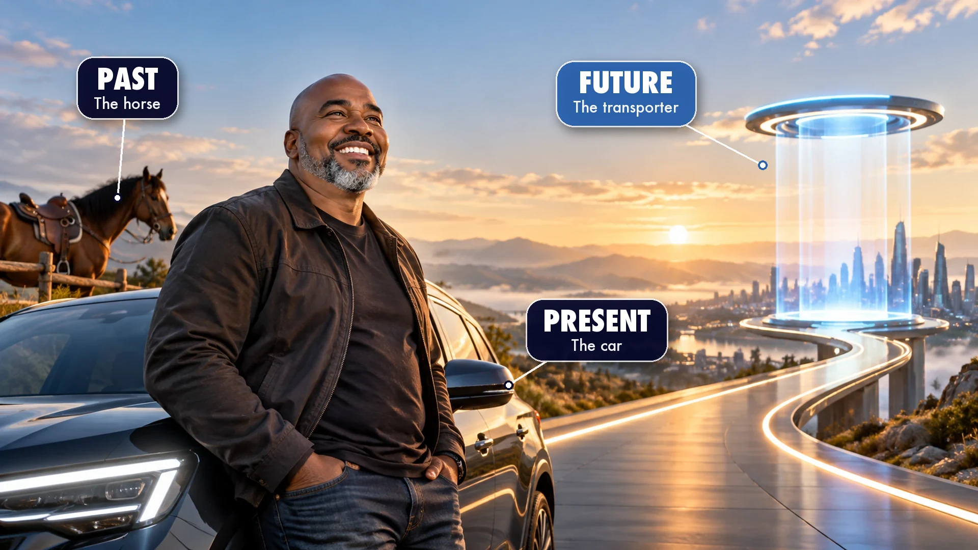 Kenneth smiles beside a car, with a horse labeled Past, the car labeled Present and a glowing transporter labeled Future Kenneth smiles beside a car, with a horse labeled Past, the car labeled Present and a glowing transporter labeled Future
