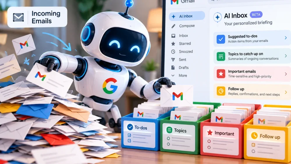 Blue and white robot sorting mail into prioritized folders.