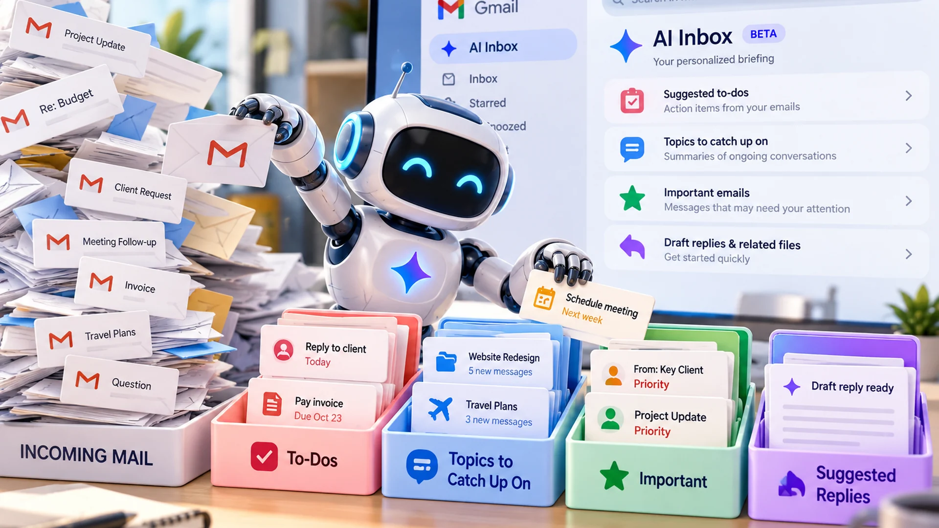 Friendly AI robot sorting email into task and topic folders beside a Gmail-style inbox screen.