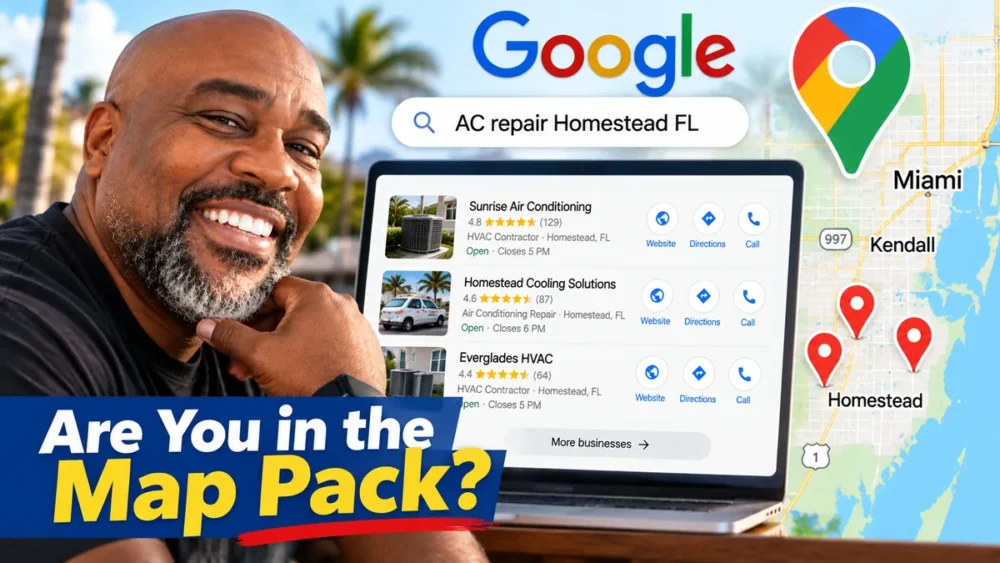 Three highlighted local business locations representing the Google Map Pack