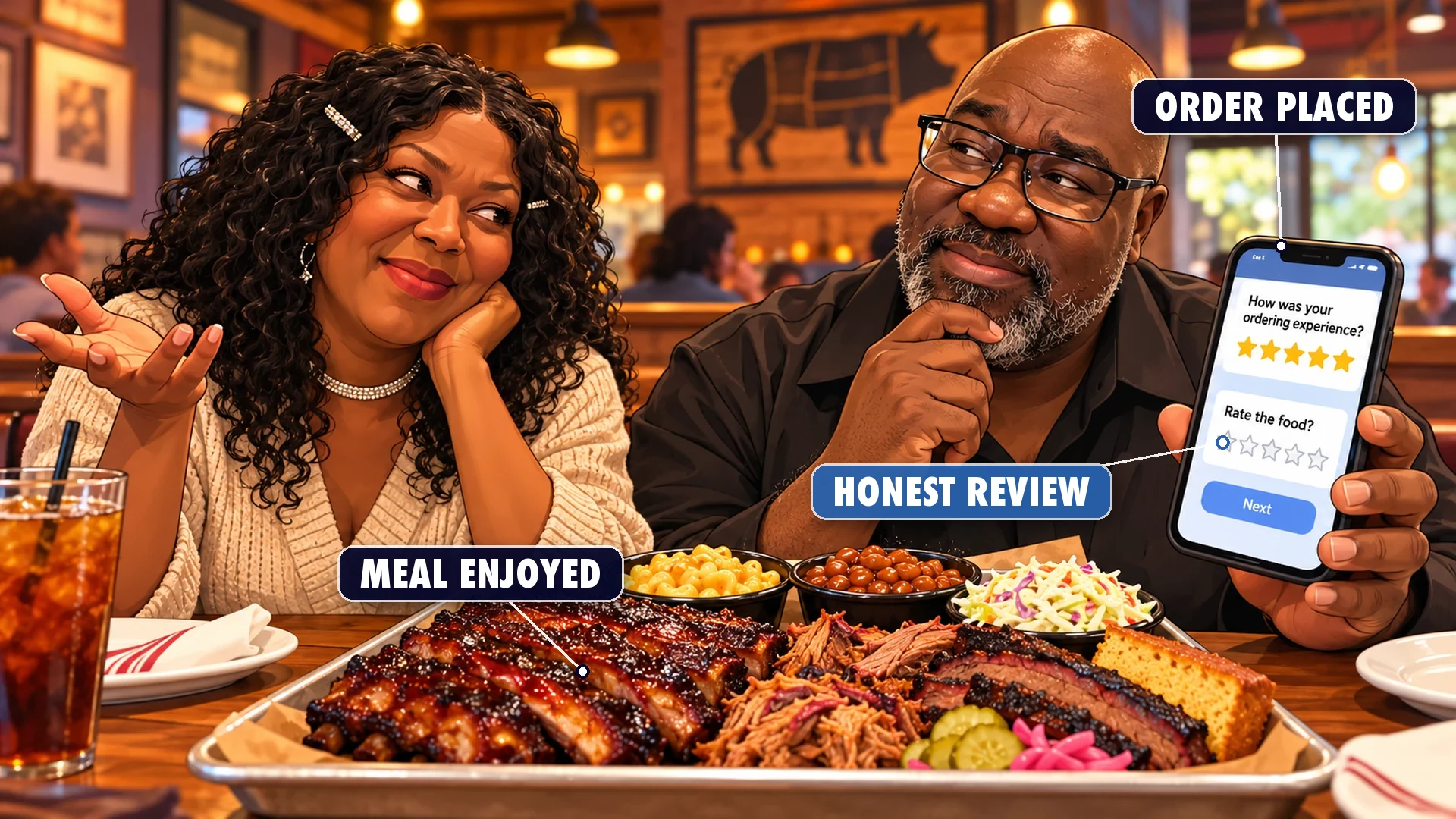 Kenneth and his wife enjoying a meal together, visually connected to an after-service review workflow. Kenneth and his wife enjoying a meal together, visually connected to an after-service review workflow.