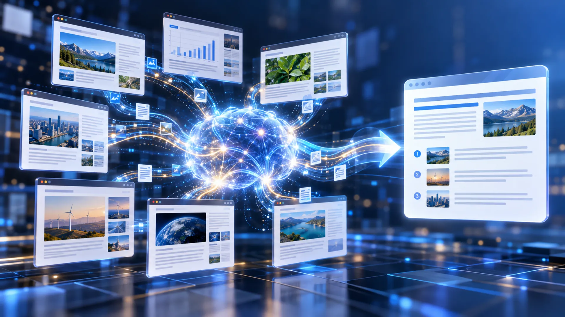 A business question moving through web sources and into a cited AI-generated answer