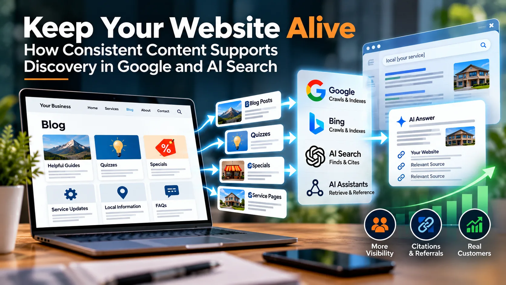A business website connecting new content, search crawling, indexing, and AI discovery. A business website connecting new content, search crawling, indexing, and AI discovery.
