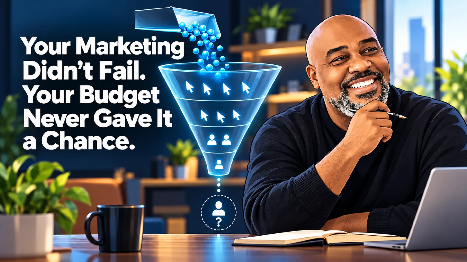 Kenneth Durrum reviewing a marketing funnel that narrows advertising clicks into fewer leads and an uncertain customer outcome. Kenneth Durrum reviewing a marketing funnel that narrows advertising clicks into fewer leads and an uncertain customer outcome.
