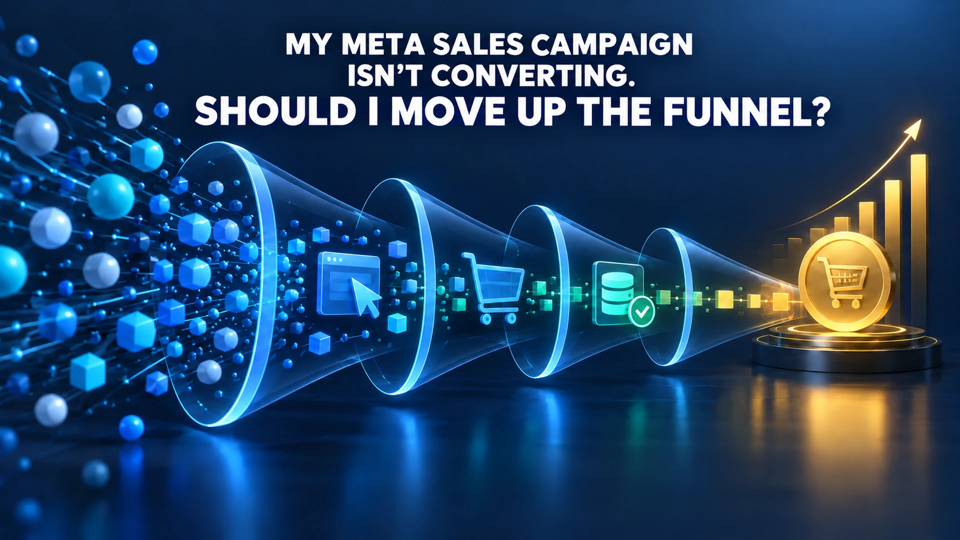Conceptual illustration of a Meta advertising funnel connecting ad delivery, website actions, CRM-qualified leads and revenue outcomes. Conceptual illustration of a Meta advertising funnel connecting ad delivery, website actions, CRM-qualified leads and revenue outcomes.