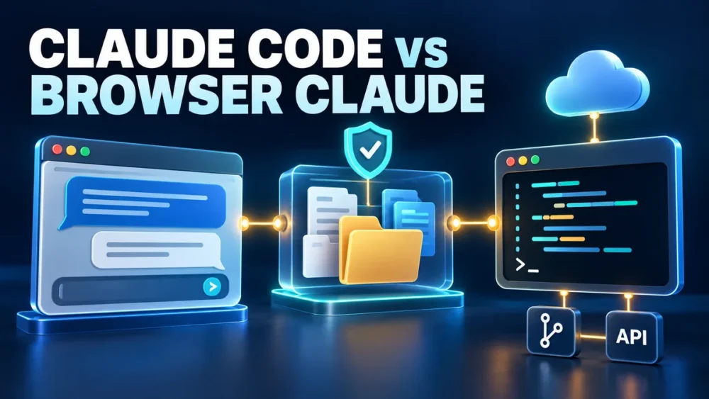 Three connected AI work environments representing browser Claude, Cowork and Claude Code.