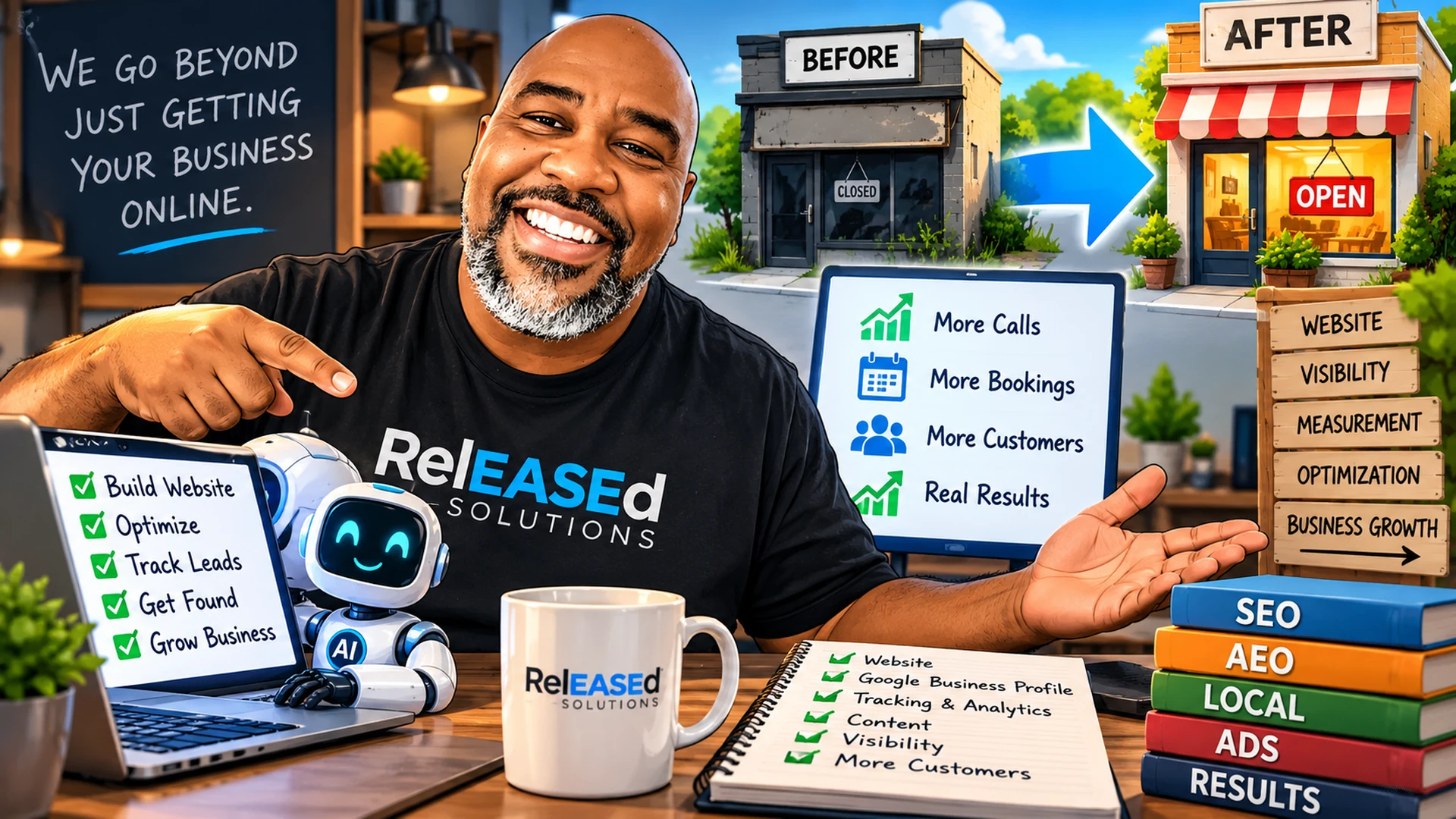 Cartoon portrait of Kenneth with a friendly AI robot, showing a closed storefront changing into an open storefront, website and growth checklists.